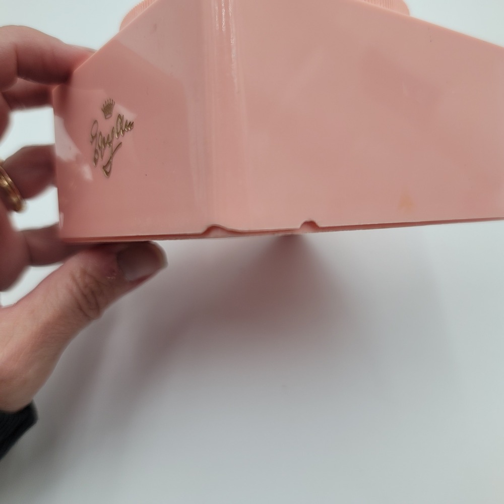 Vintage Bryan Pink Plastic Powder Box Art Nouveau Lady Hammock Vanity Jar - Picture 3 of 6